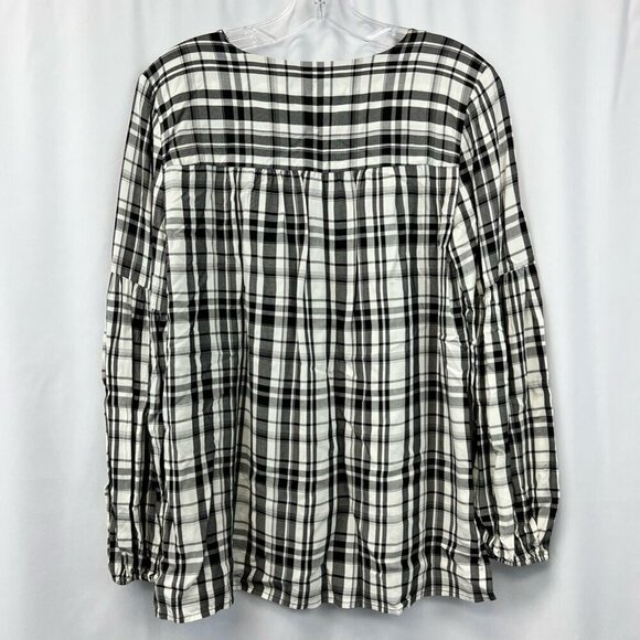 Loft Womens Babydoll Top Black Ivory Plaid Long Sleeve Puff Pleated Button S - Picture 2 of 11